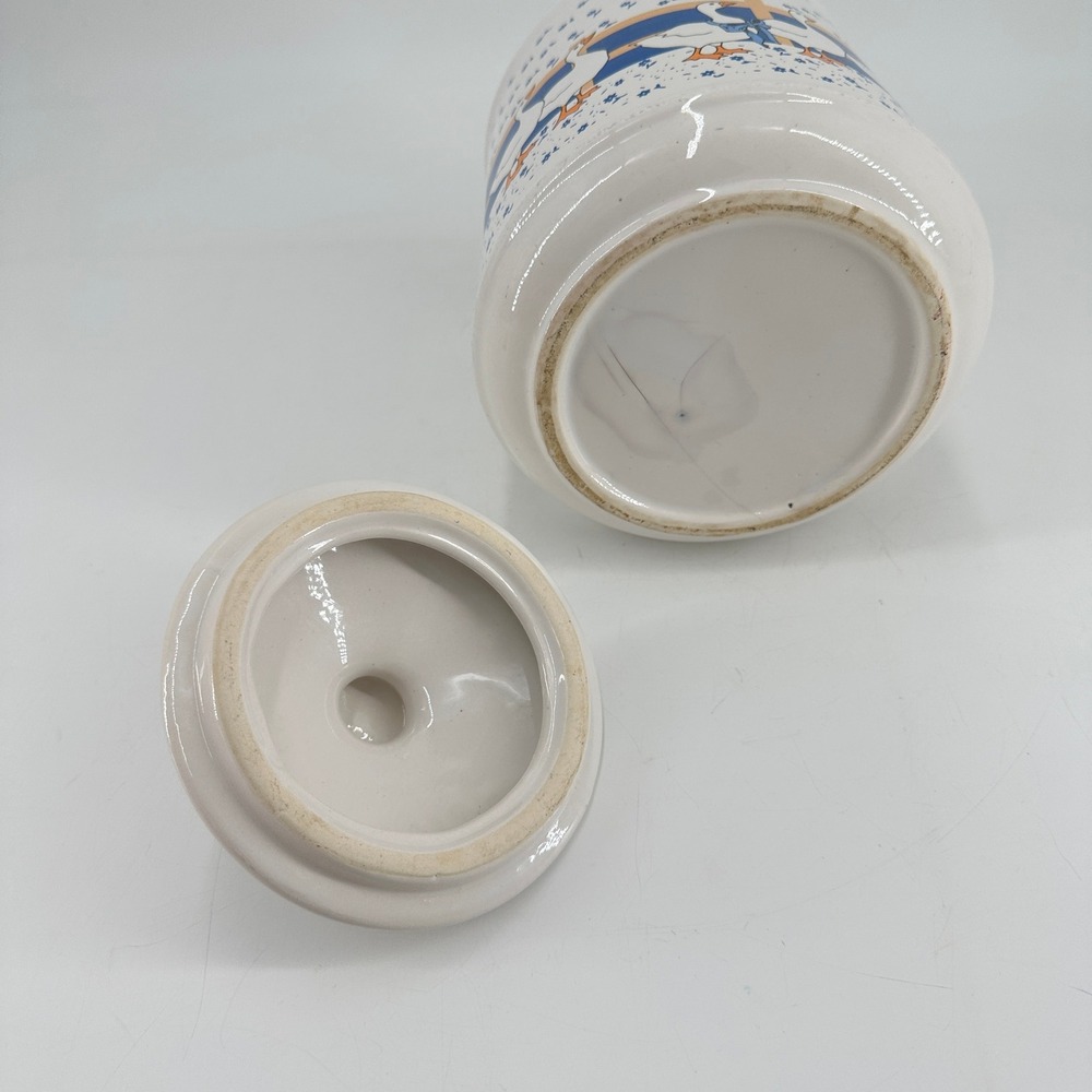 Vintage Country Geese Ceramic Canister with Lid Blue Ribbon Farmhouse Jar - Picture 4 of 7
